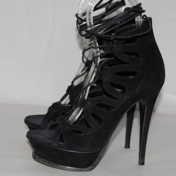 36/US6❤️ SAINT LAURENT BLACK SUEDE LEATHER High Heels Platform Gladiator Sandals - Picture 3 of 11